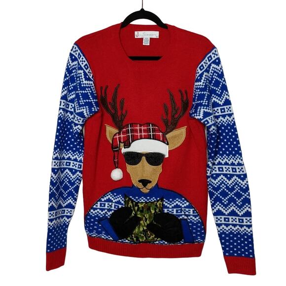 Jolly Sweaters Red and Blue Sweater Reindeer Camo and Plaid - Size S - Picture 1 of 7